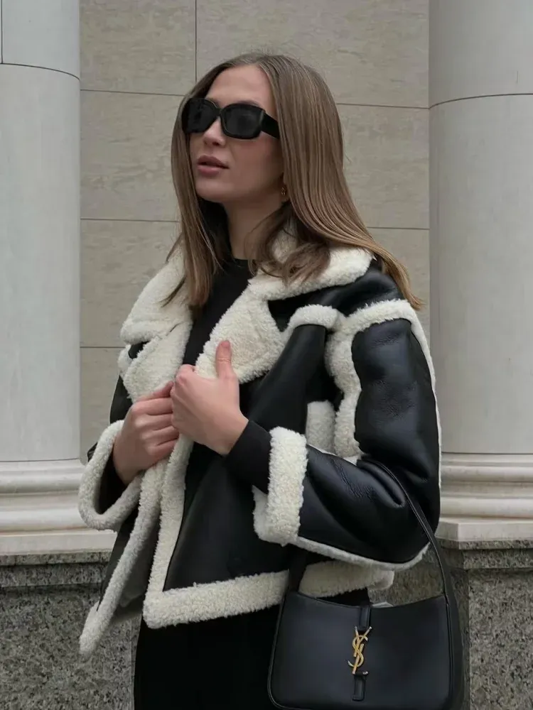 Girlary Winter Women Faux Fur Woolen Lapel Loose Jacket Women Thick Warm Long Sleeve Cotton Coat Ladies Elegant Jackets Streetwear