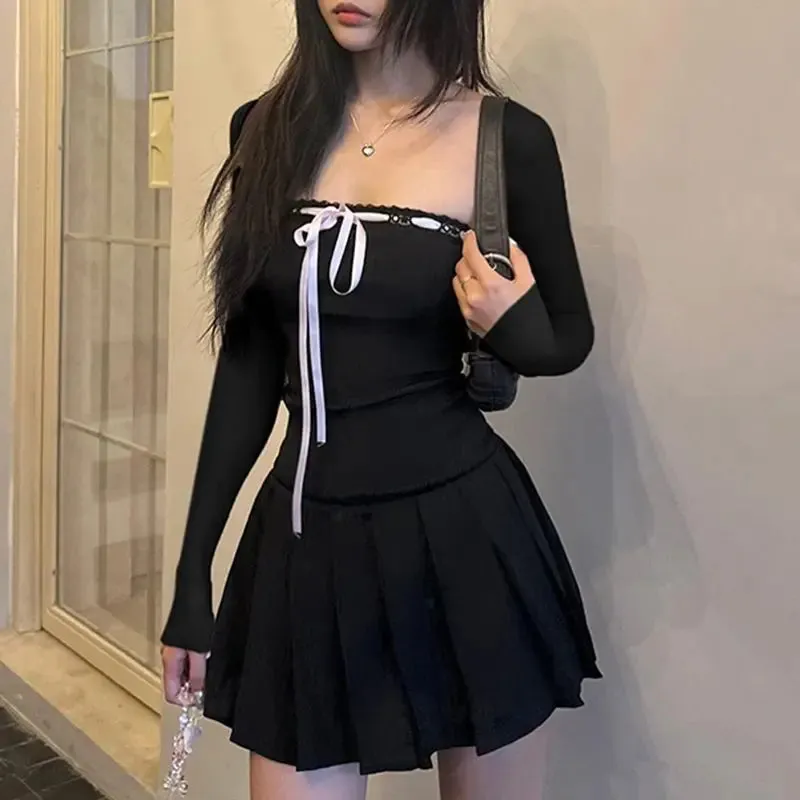 Girlary Y2k Gothic Black Mini Tunic Dress Women Vintage Grunge Long Sleeve Pleated Dresses American Retro Streetwear Vestidos