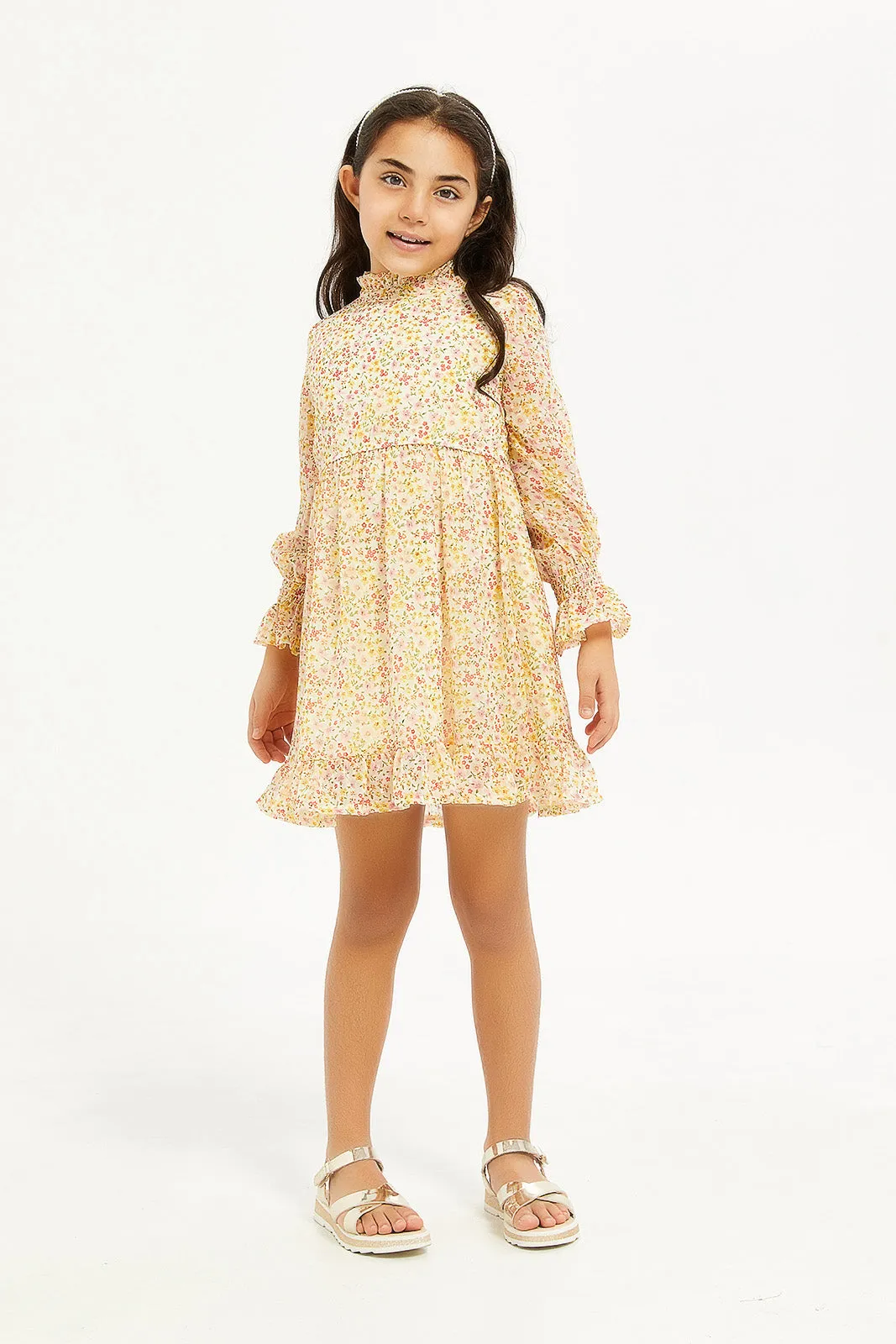 Girls Yellow Dobby Chiffon Dress