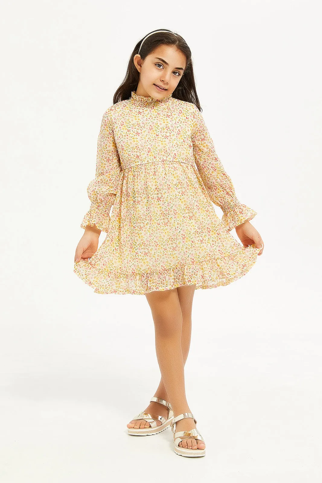 Girls Yellow Dobby Chiffon Dress