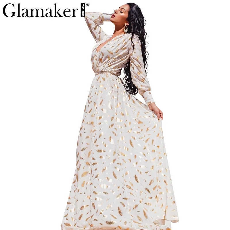 Glamaker Gold feather print long sleeve split robe sexy dress Autumn party women maxi dress 2016 Elegant club dress vestidos