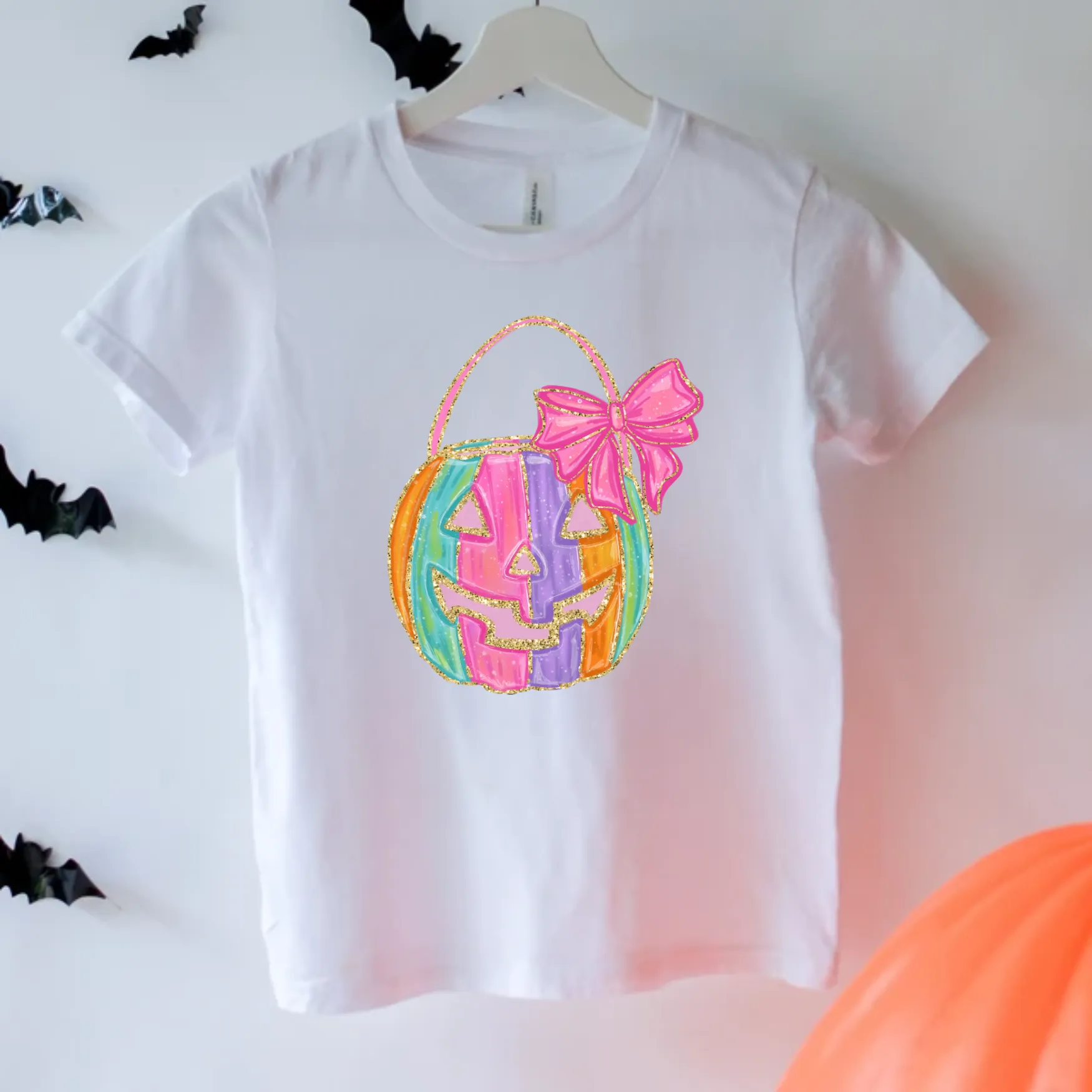 Glitter Rainbow Pumpkin Bow Halloween Shirt