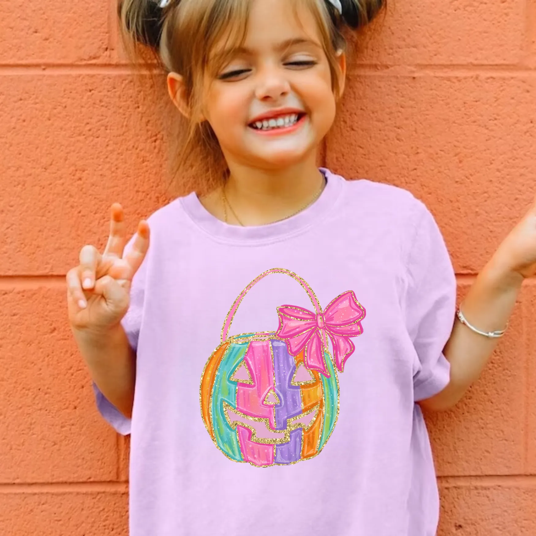 Glitter Rainbow Pumpkin Bow Halloween Shirt