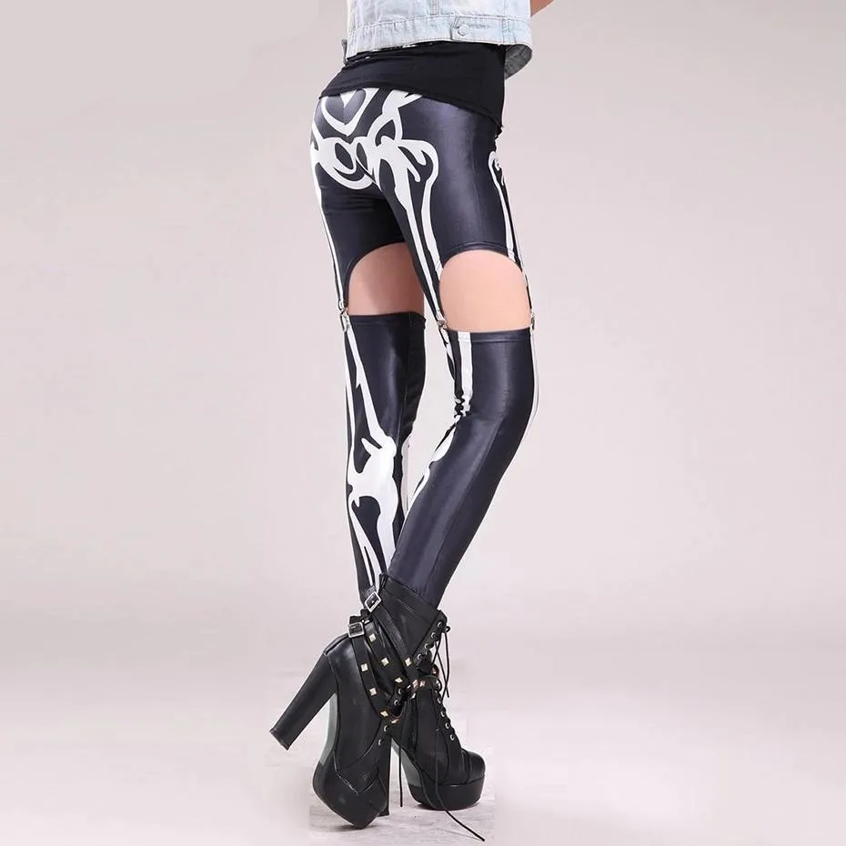 Gothic Skeleton Print Patchwork Hollow Steampunk Legging Pants