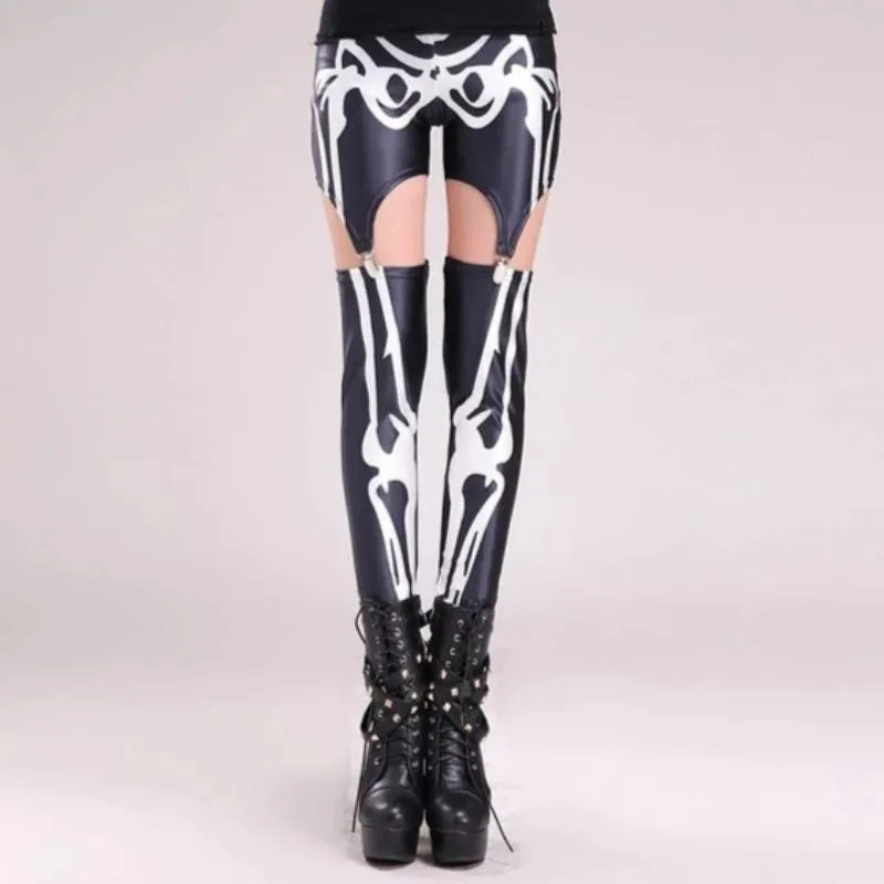 Gothic Skeleton Print Patchwork Hollow Steampunk Legging Pants