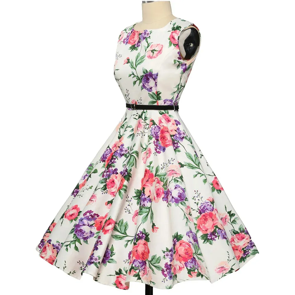 Grace Karin Women Summer Dress 2022 Lady Floral Retro Floral Dresses Casual Party Robe Rockabilly Dress Belt Print New Fashion