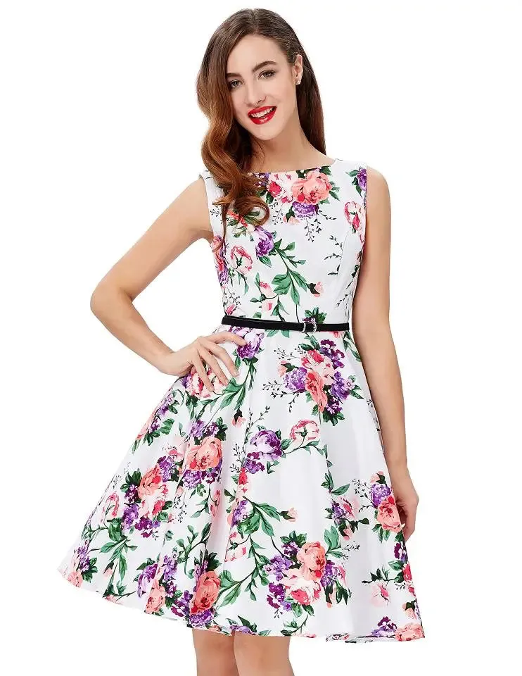 Grace Karin Women Summer Dress 2022 Lady Floral Retro Floral Dresses Casual Party Robe Rockabilly Dress Belt Print New Fashion