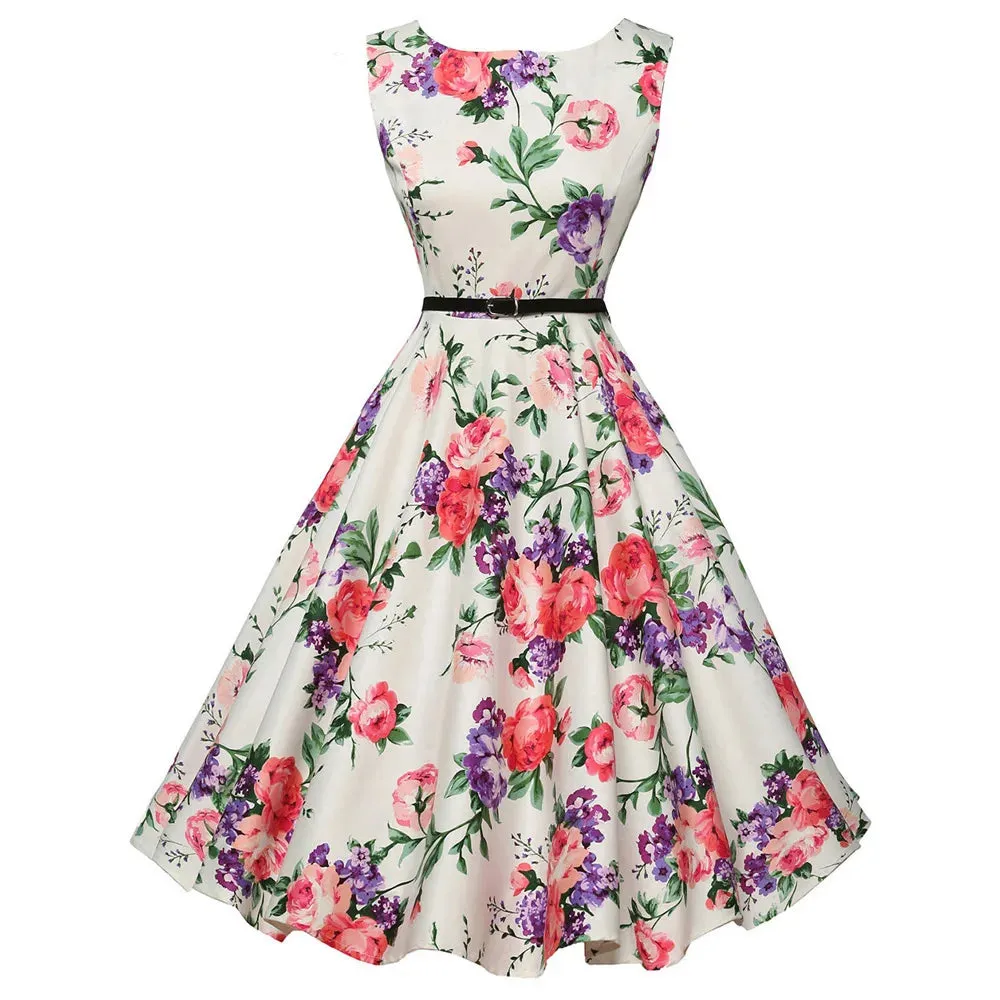 Grace Karin Women Summer Dress 2022 Lady Floral Retro Floral Dresses Casual Party Robe Rockabilly Dress Belt Print New Fashion