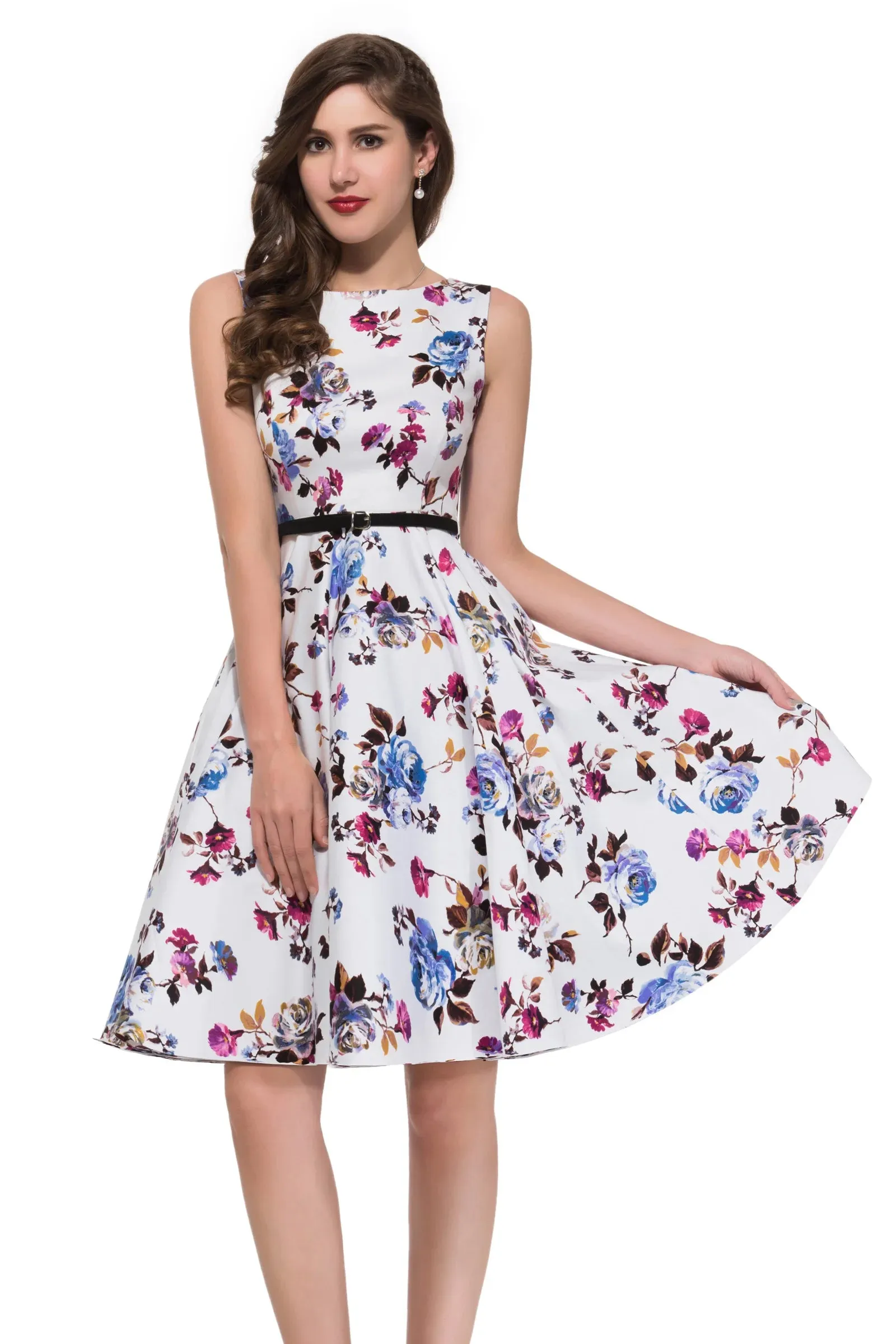 Grace Karin Women Summer Dress 2022 Lady Floral Retro Floral Dresses Casual Party Robe Rockabilly Dress Belt Print New Fashion