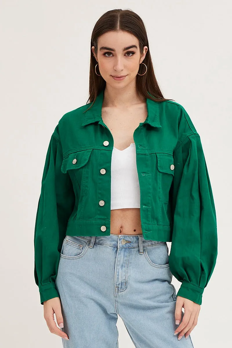 Green Long Sleeve Cropped Denim Jacket