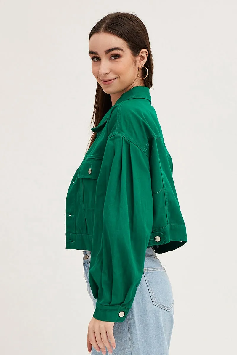 Green Long Sleeve Cropped Denim Jacket