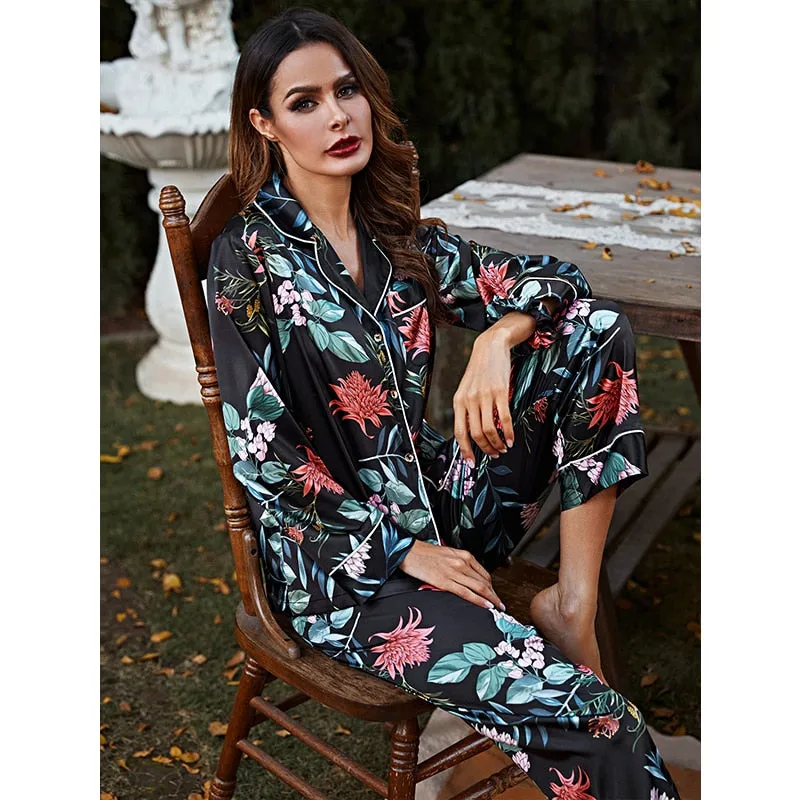 High Quality Women's Pajamas 7 Piece Set Flower Print Black Sleepwear Silk Like Leisure Home Clothes Sling Top Shorts