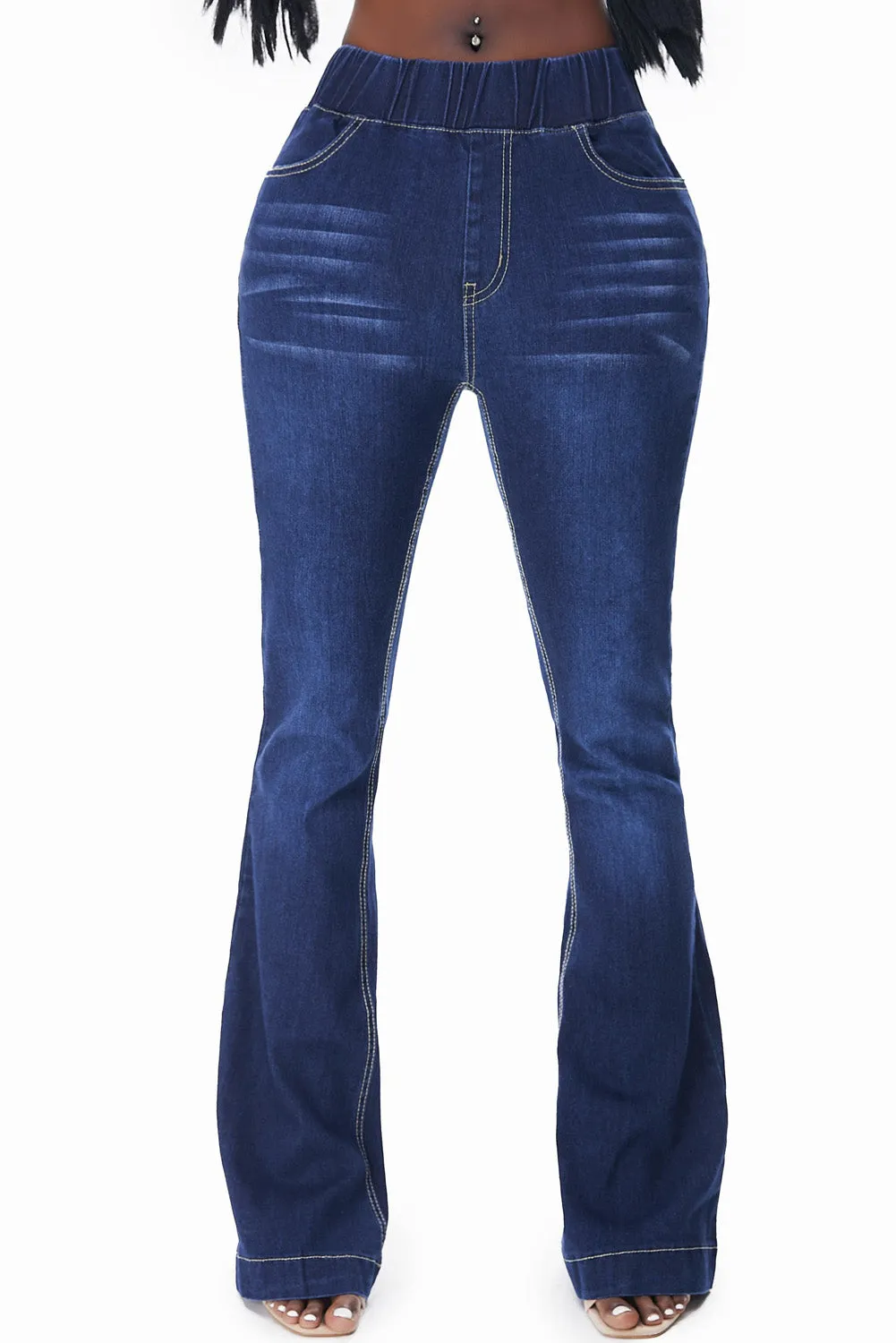 High Waisted Elastic Waist Flare Jeans Bell Bottom for Women