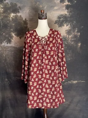 Historically Inspired Burgundy Rose Print Lace-Up Bell Sleeve Tunic Dress - Size M-L