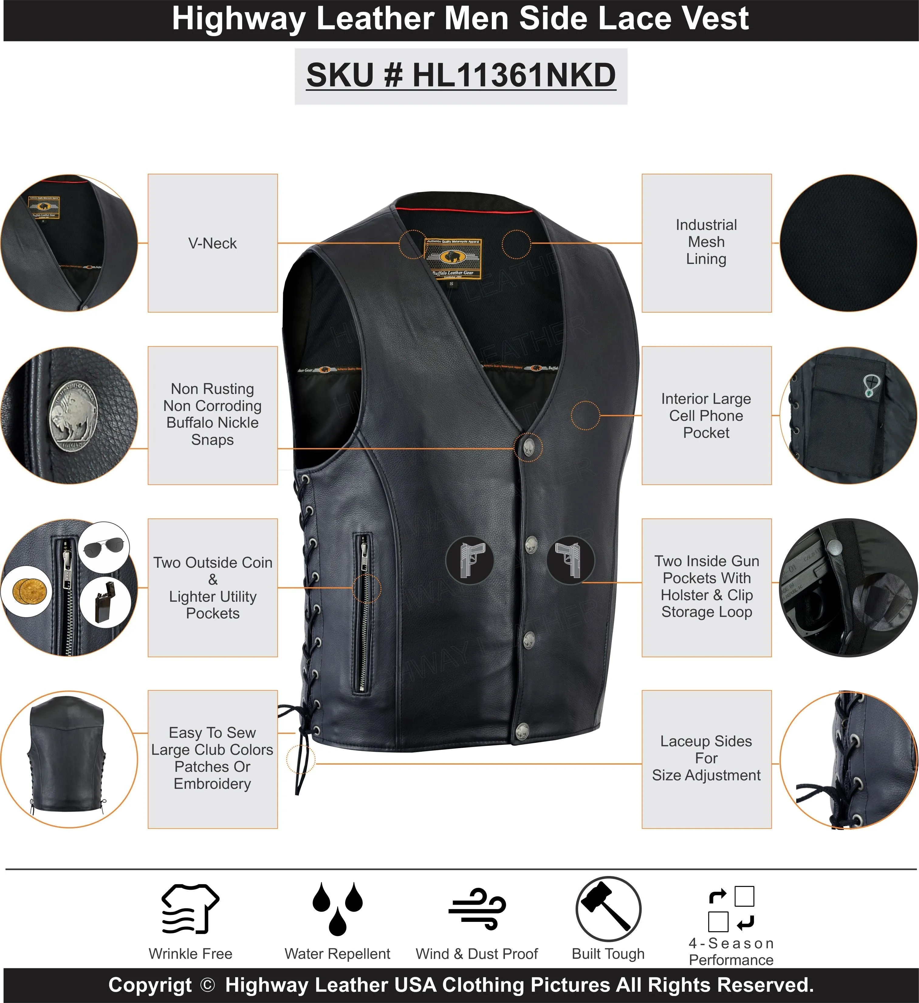 HL11361 Straight bottom Gun pocket leather vest