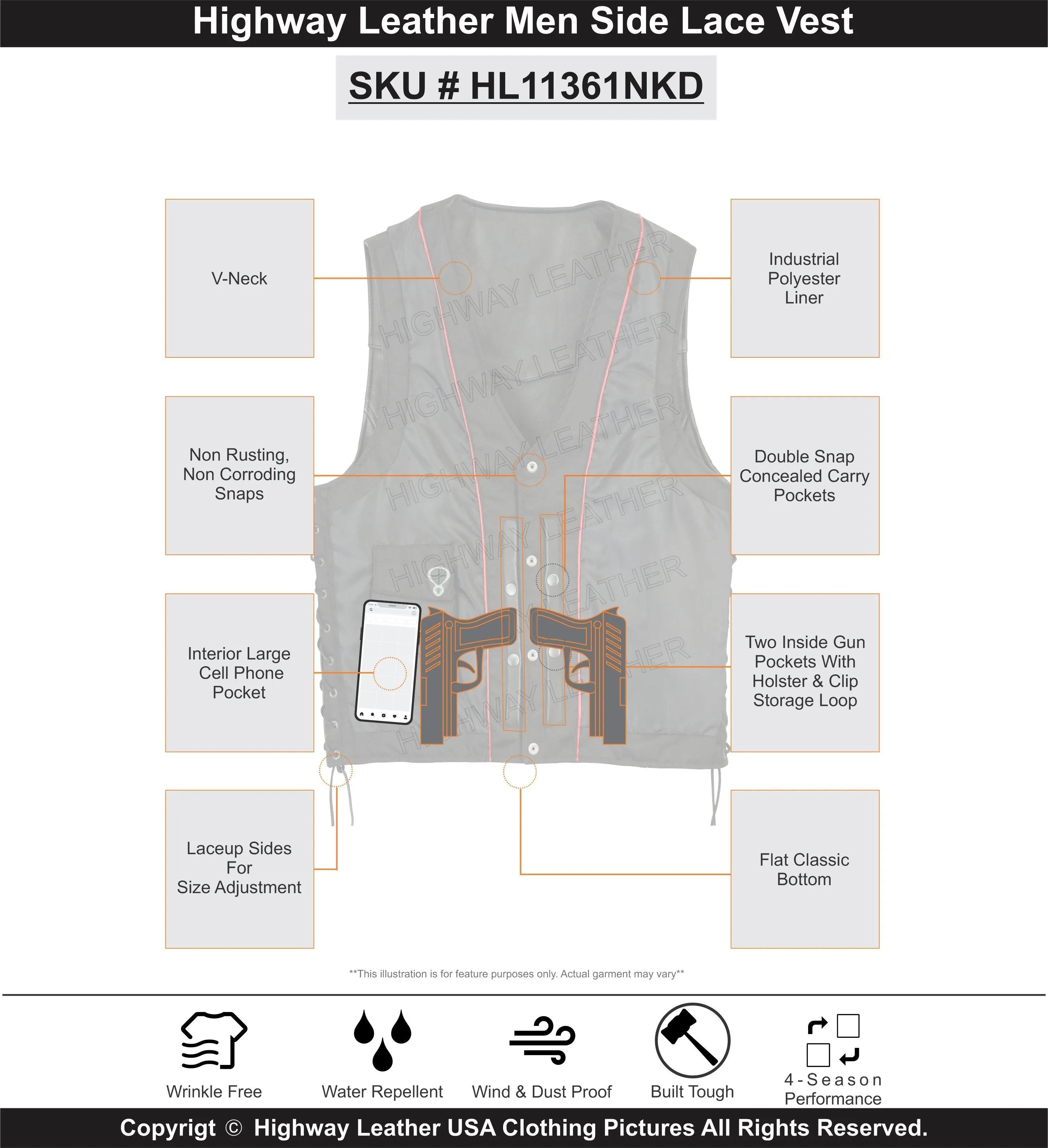 HL11361 Straight bottom Gun pocket leather vest