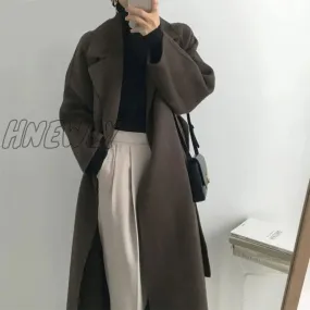 Hnewly French Lazy Style Warm Female Fresh Winter Classical Belt Retro Loose Women Woolen Coats Chic Casual Long Coat Long