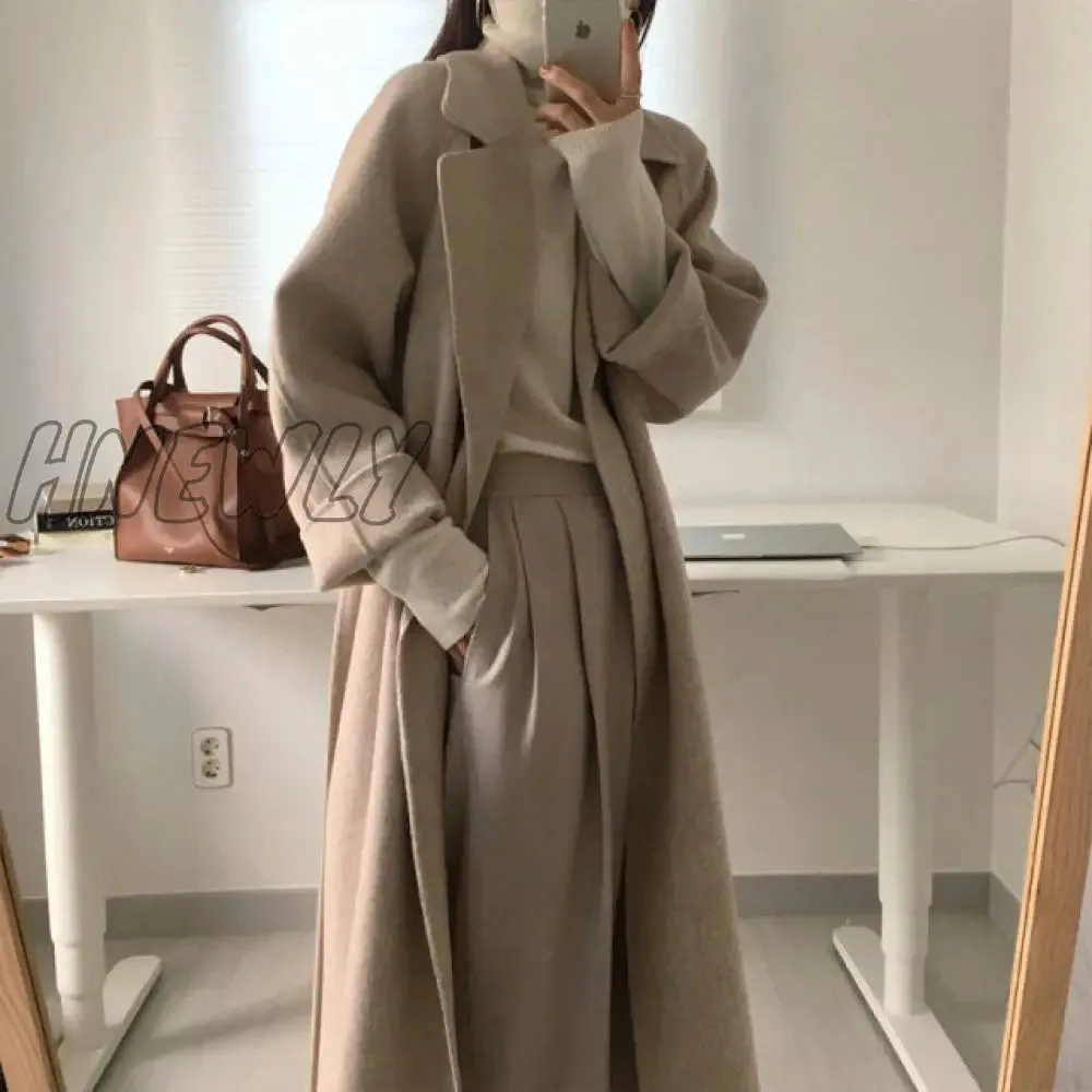 Hnewly French Lazy Style Warm Female Fresh Winter Classical Belt Retro Loose Women Woolen Coats Chic Casual Long Coat Long