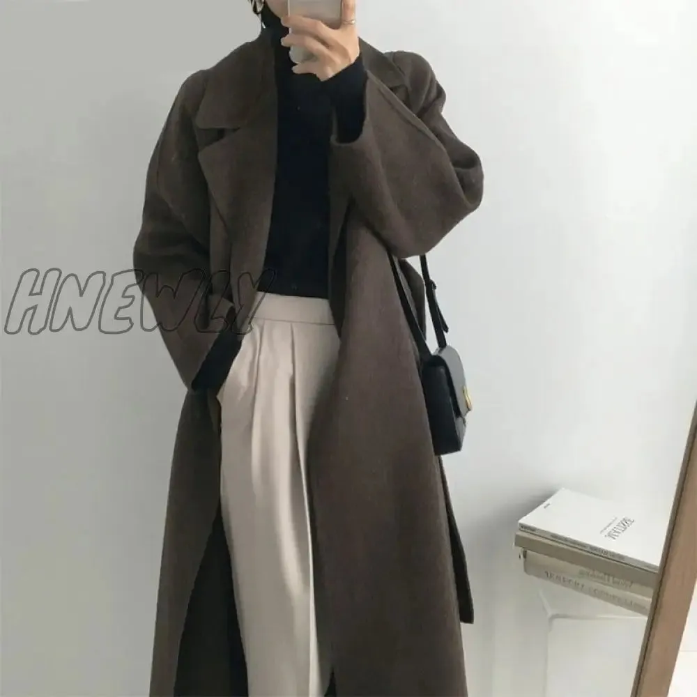 Hnewly French Lazy Style Warm Female Fresh Winter Classical Belt Retro Loose Women Woolen Coats Chic Casual Long Coat Long