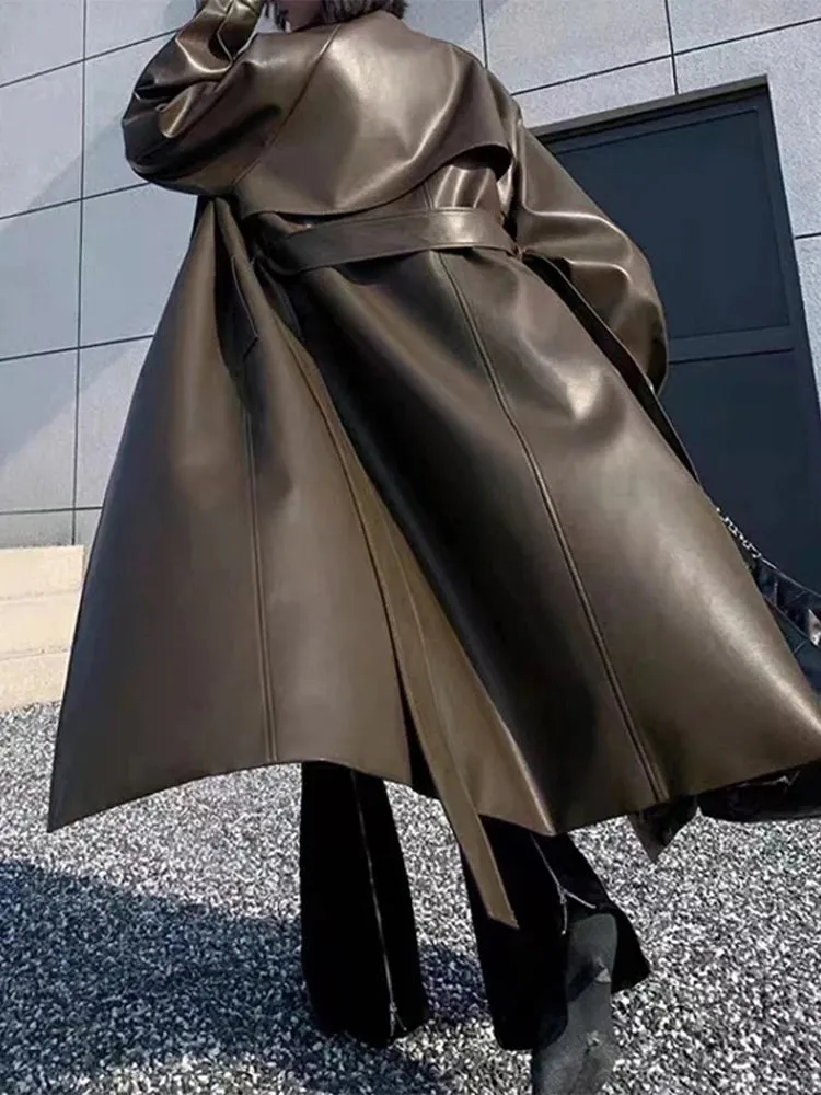 Hnewly Pu Leather Women Trench Windbreaker with Belt Vintage Oversized Long Sleeve Waterproof Female Long Coat 2024 Autumn Lady Outwear