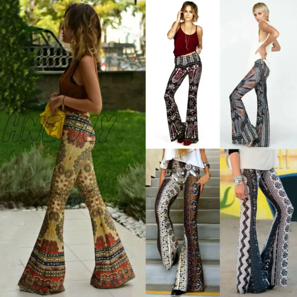 Hnewly Women Boho Hippie High Waist Loose Wide Leg Flared Bell Bottom Flroal Long Pants