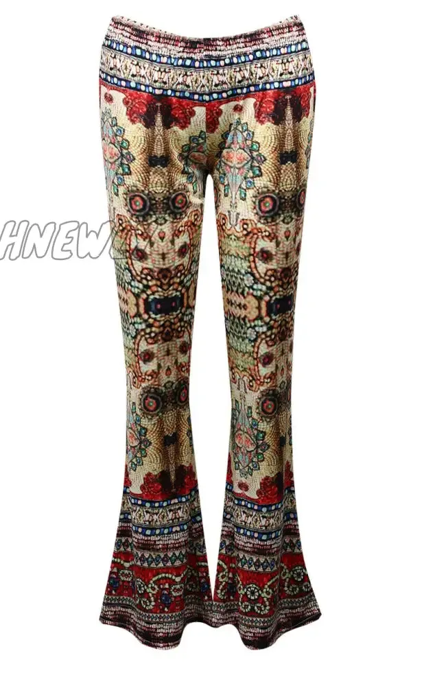 Hnewly Women Boho Hippie High Waist Loose Wide Leg Flared Bell Bottom Flroal Long Pants