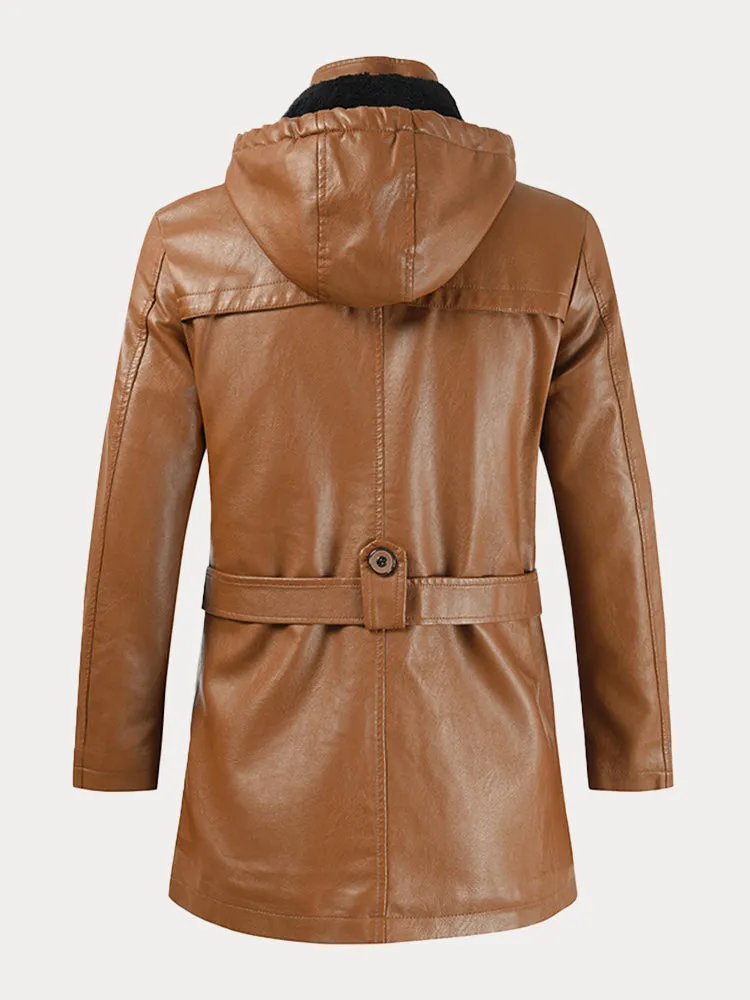 Hooded Leather Trench Coat with Belt