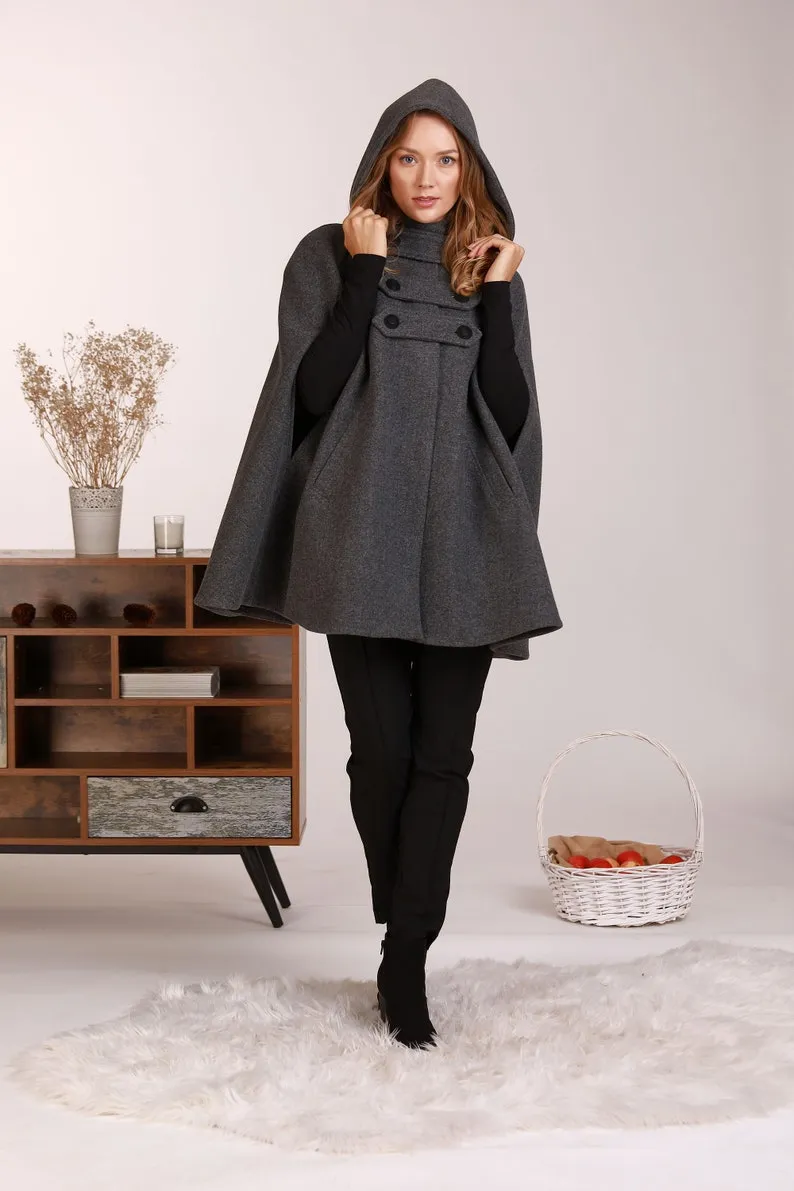 Hooded Wool Cape Coat