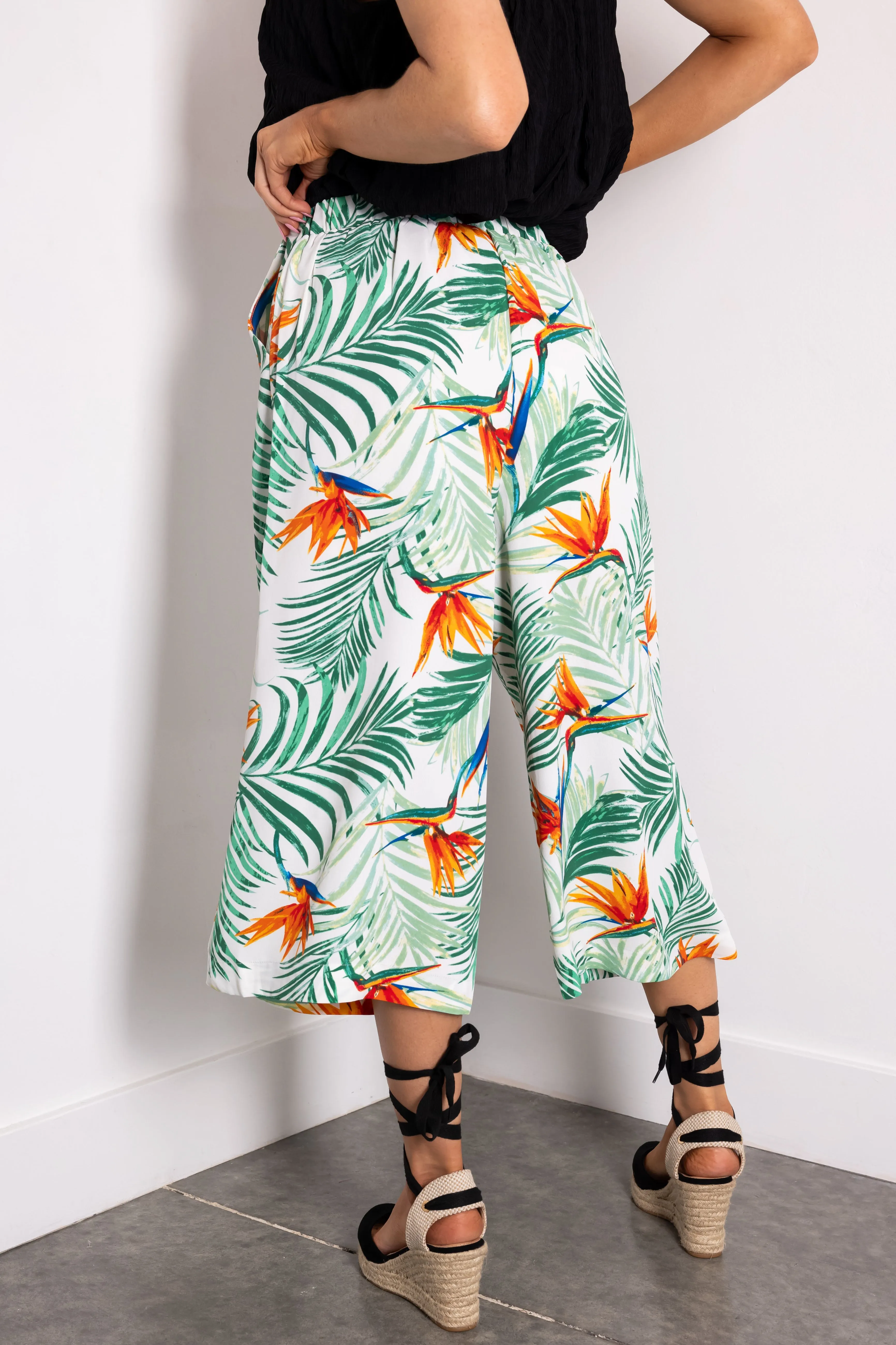 Jade Tropical Print Cropped Wide Leg Pants