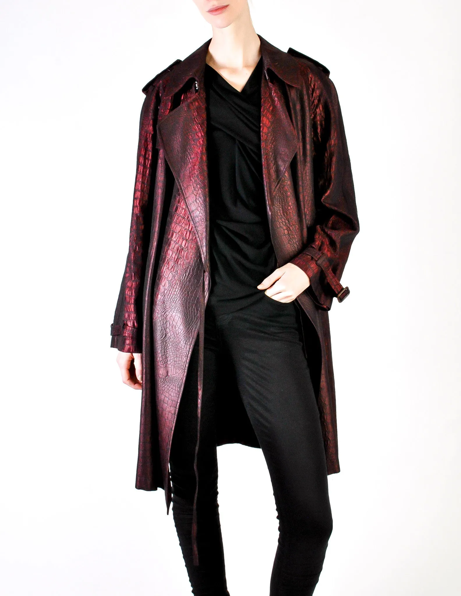 Jean Paul Gaultier Vintage Metallic Maroon Alligator Print Trench Coat