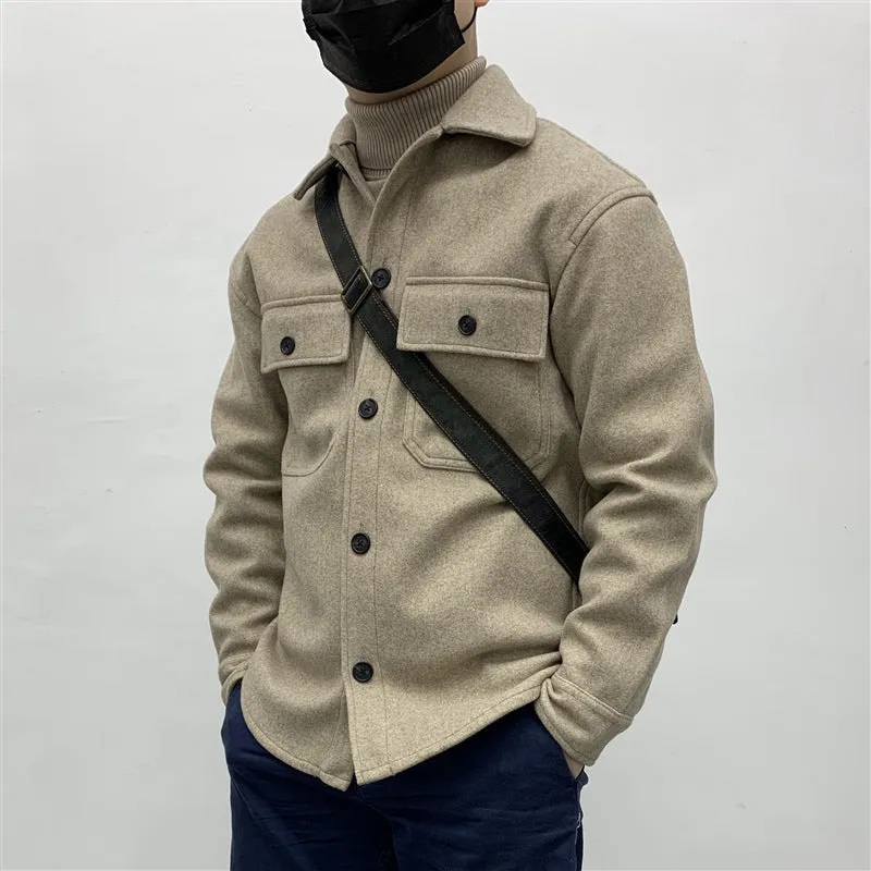 Jinquedai men fall outfits casual Wool Thick Woolen Shirt Men's Autumn and Winter Warm Shirt Workwear Loose Retro plus Size Coat