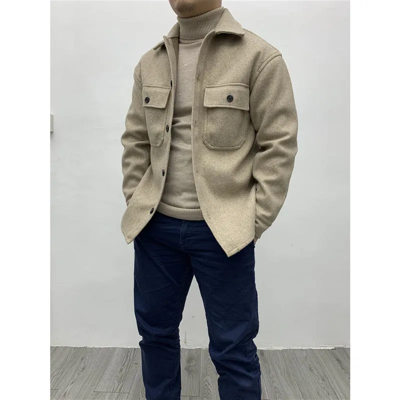 Jinquedai men fall outfits casual Wool Thick Woolen Shirt Men's Autumn and Winter Warm Shirt Workwear Loose Retro plus Size Coat