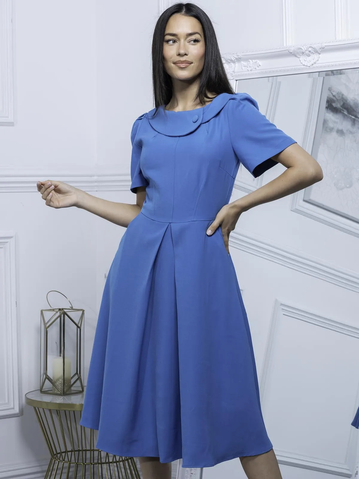 Jolie Moi Debora Button Neck Dress, Blue