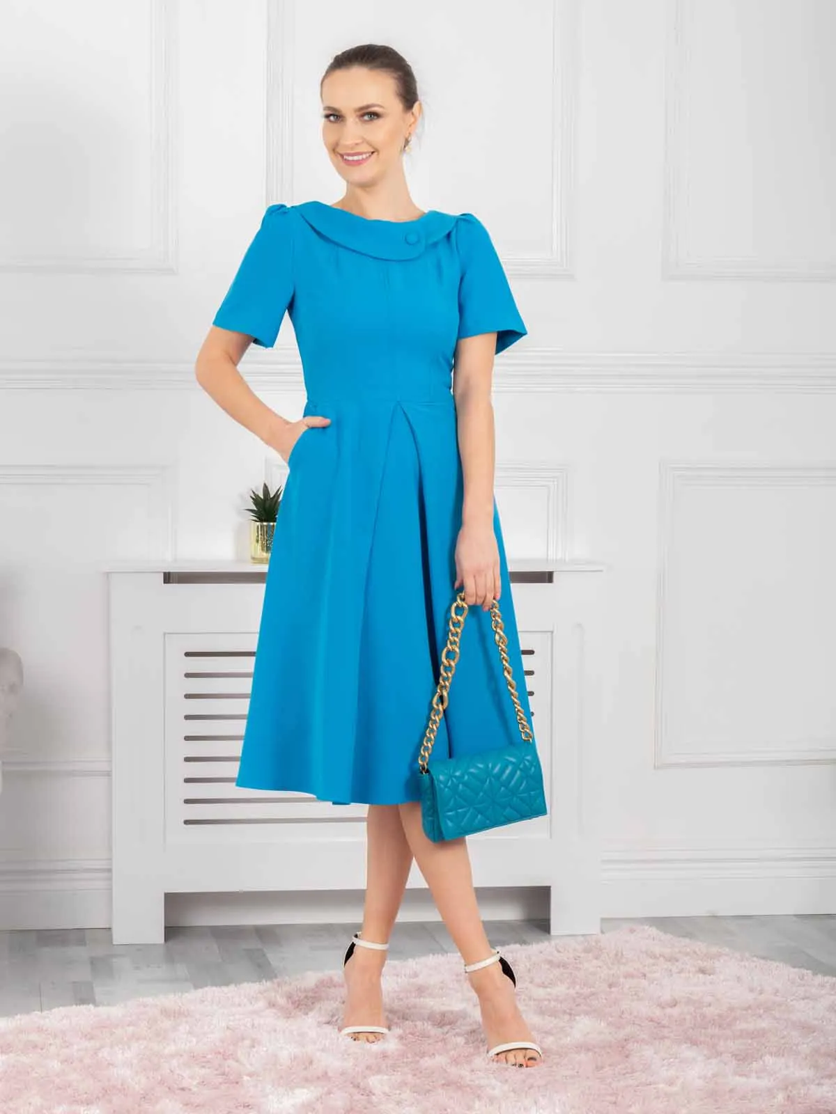 Jolie Moi Debora Button Neck Dress, Blue