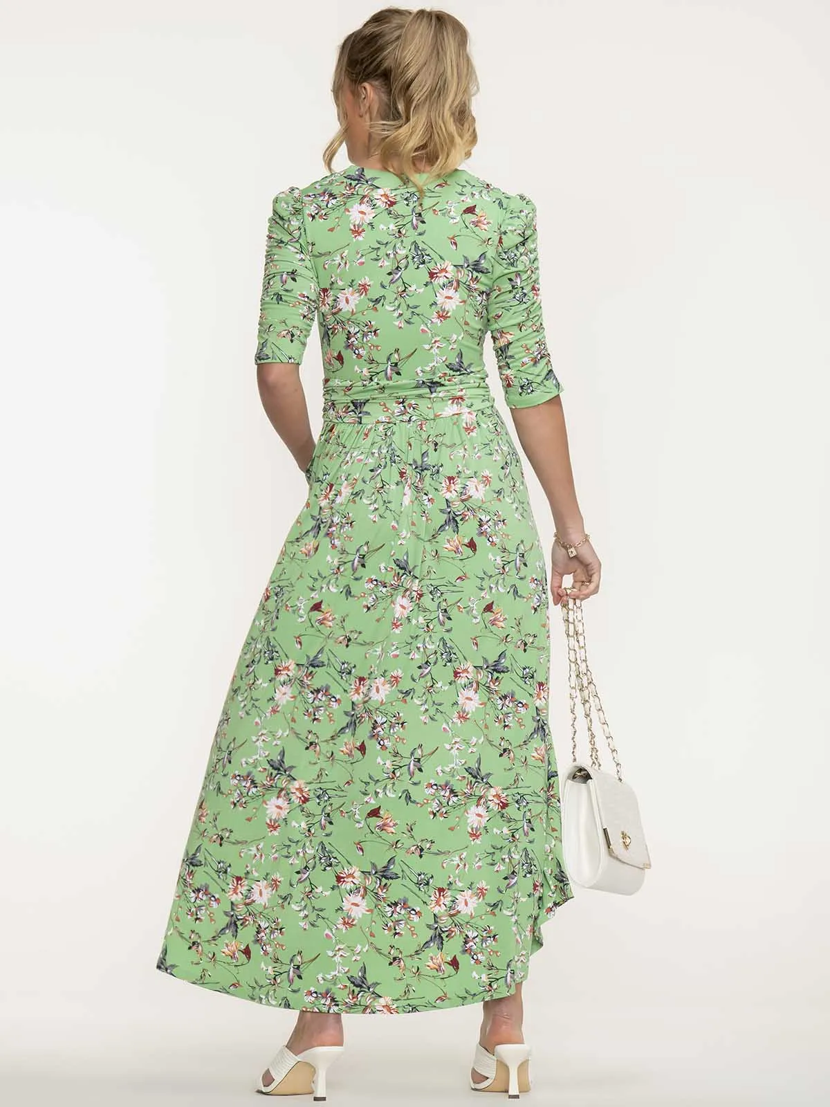 Jolie Moi Elenora Ruched Sleeve Maxi Dress, Green Floral