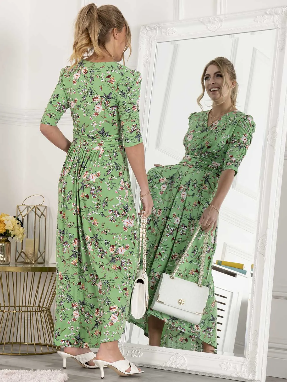 Jolie Moi Elenora Ruched Sleeve Maxi Dress, Green Floral