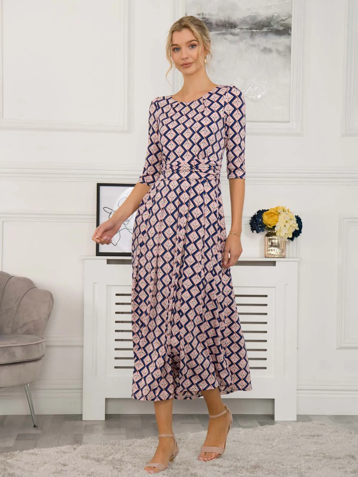 Jolie Moi Sienna 3/4 Sleeved Maxi Dress, Pink Birds