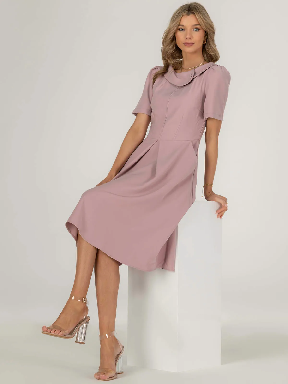 Jolie Moi Valery Button Collar Dress, Dusty Pink