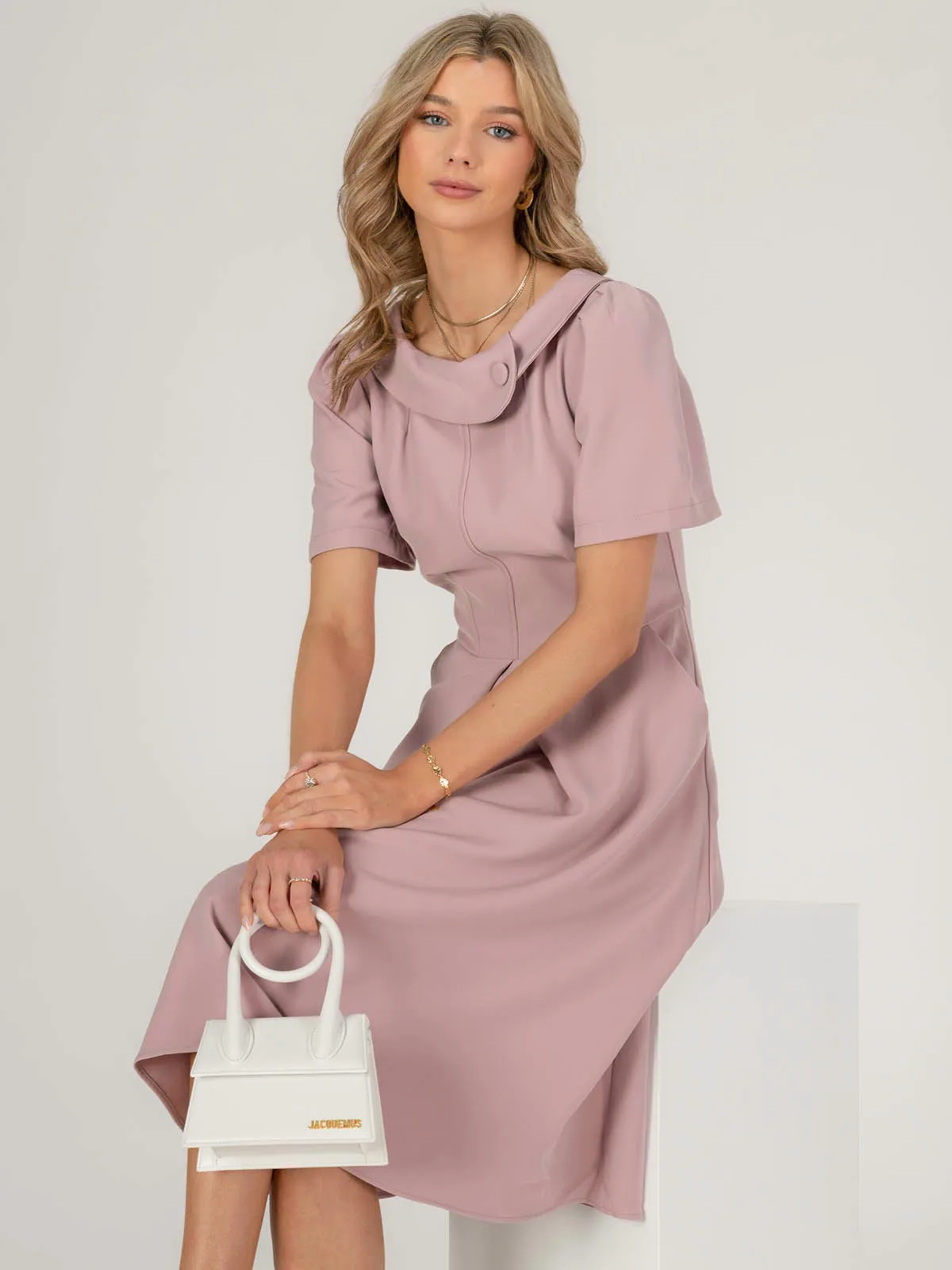 Jolie Moi Valery Button Collar Dress, Dusty Pink