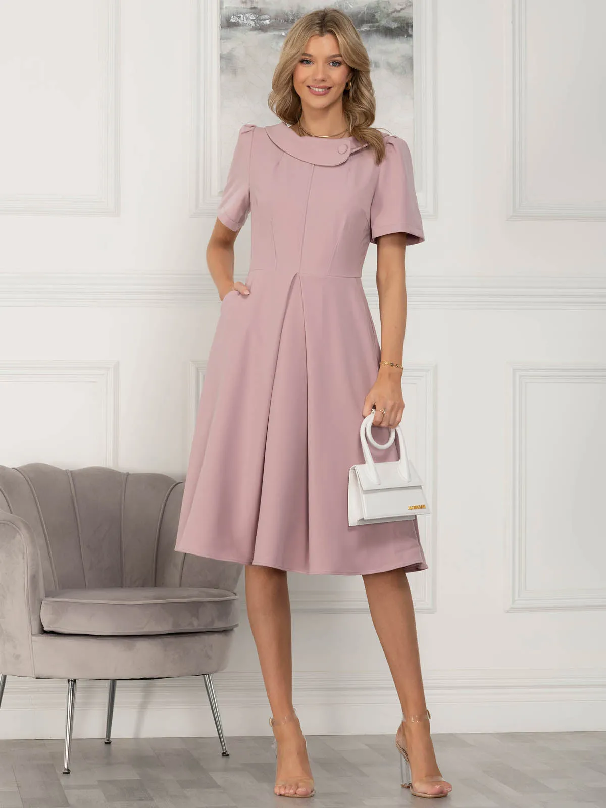 Jolie Moi Valery Button Collar Dress, Dusty Pink