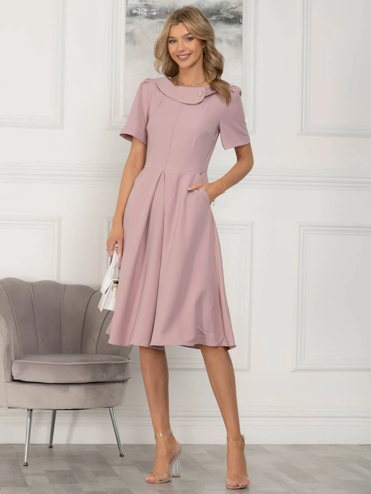 Jolie Moi Valery Button Collar Dress, Dusty Pink