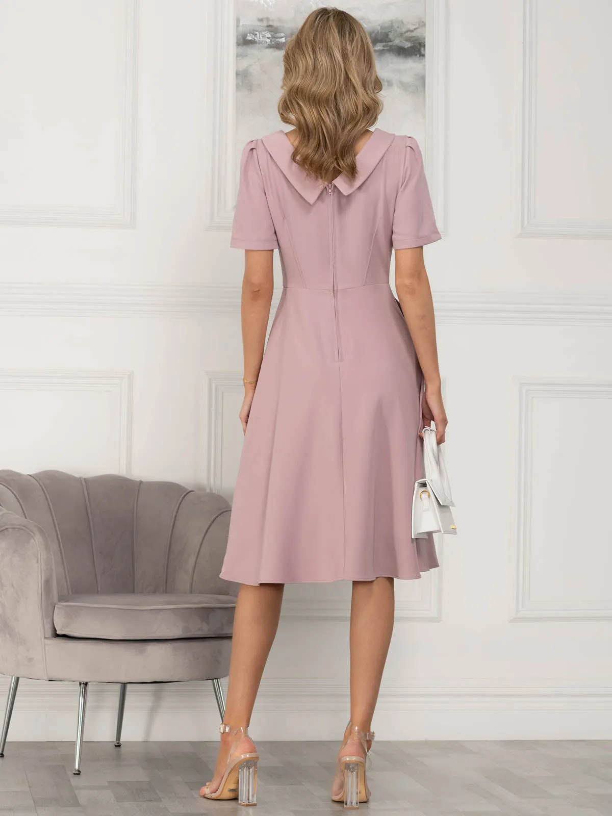 Jolie Moi Valery Button Collar Dress, Dusty Pink