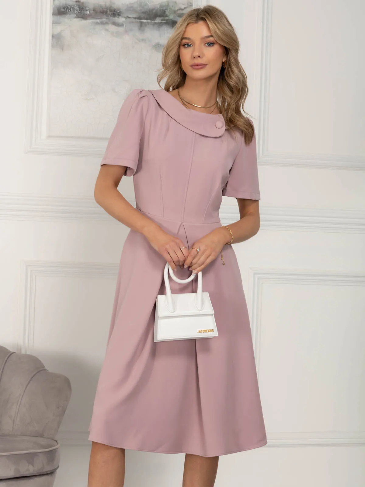 Jolie Moi Valery Button Collar Dress, Dusty Pink