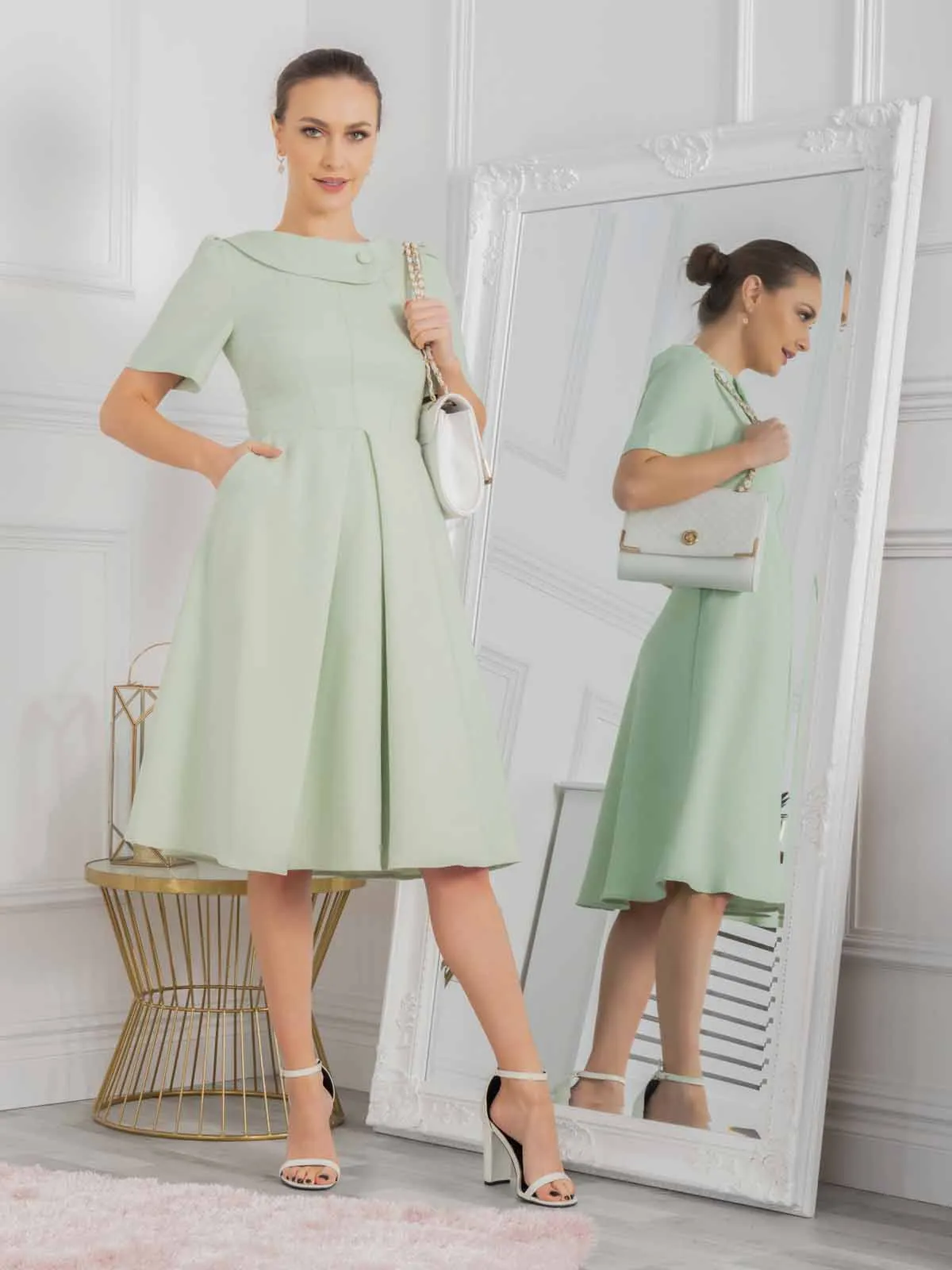 Jolie Moi Valery Button Collar Dress, Green Multi