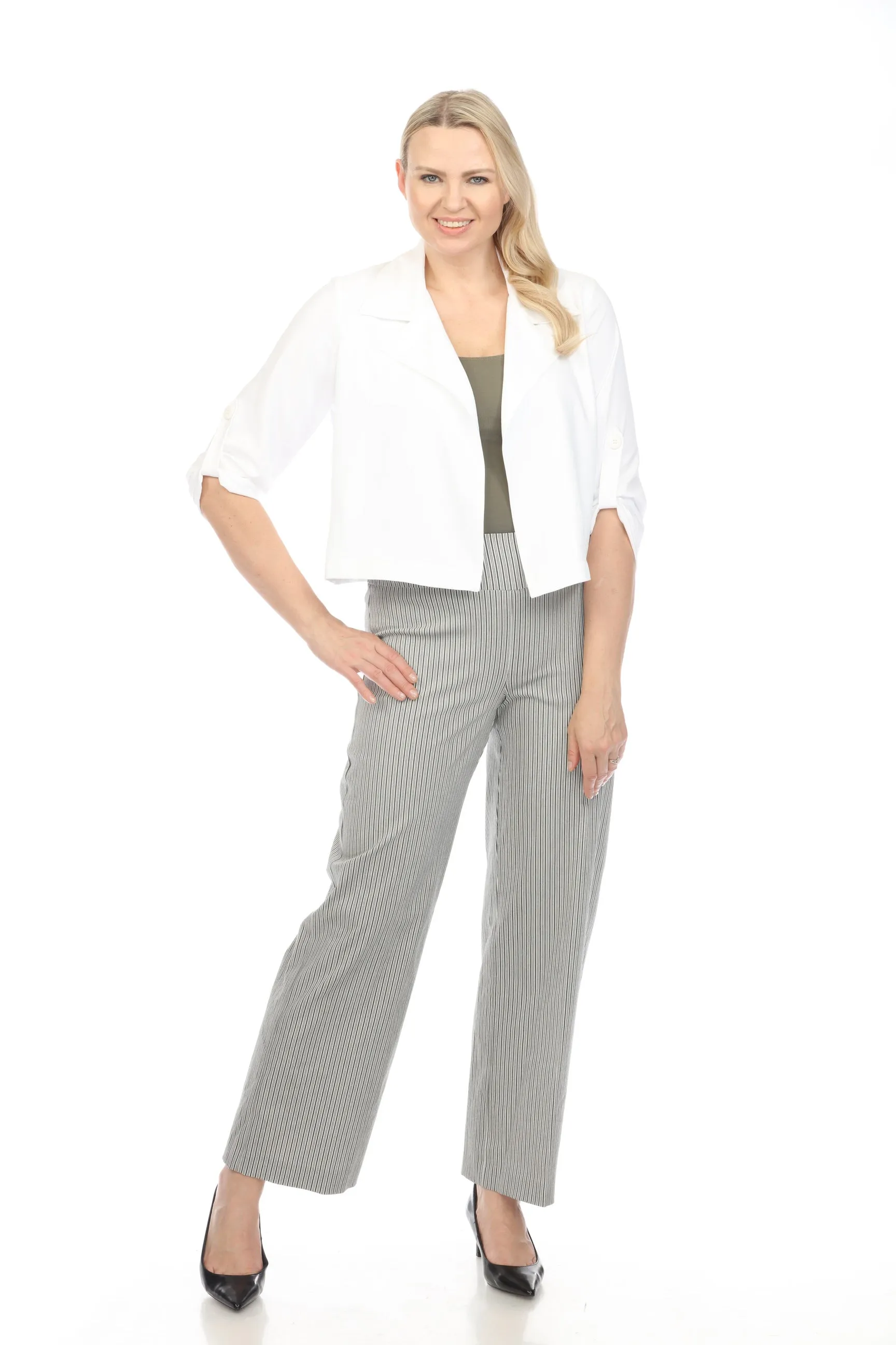 Joseph Ribkoff Vanilla Open Front Roll-Tab Sleeve Cropped Cover-Up Jacket 242059