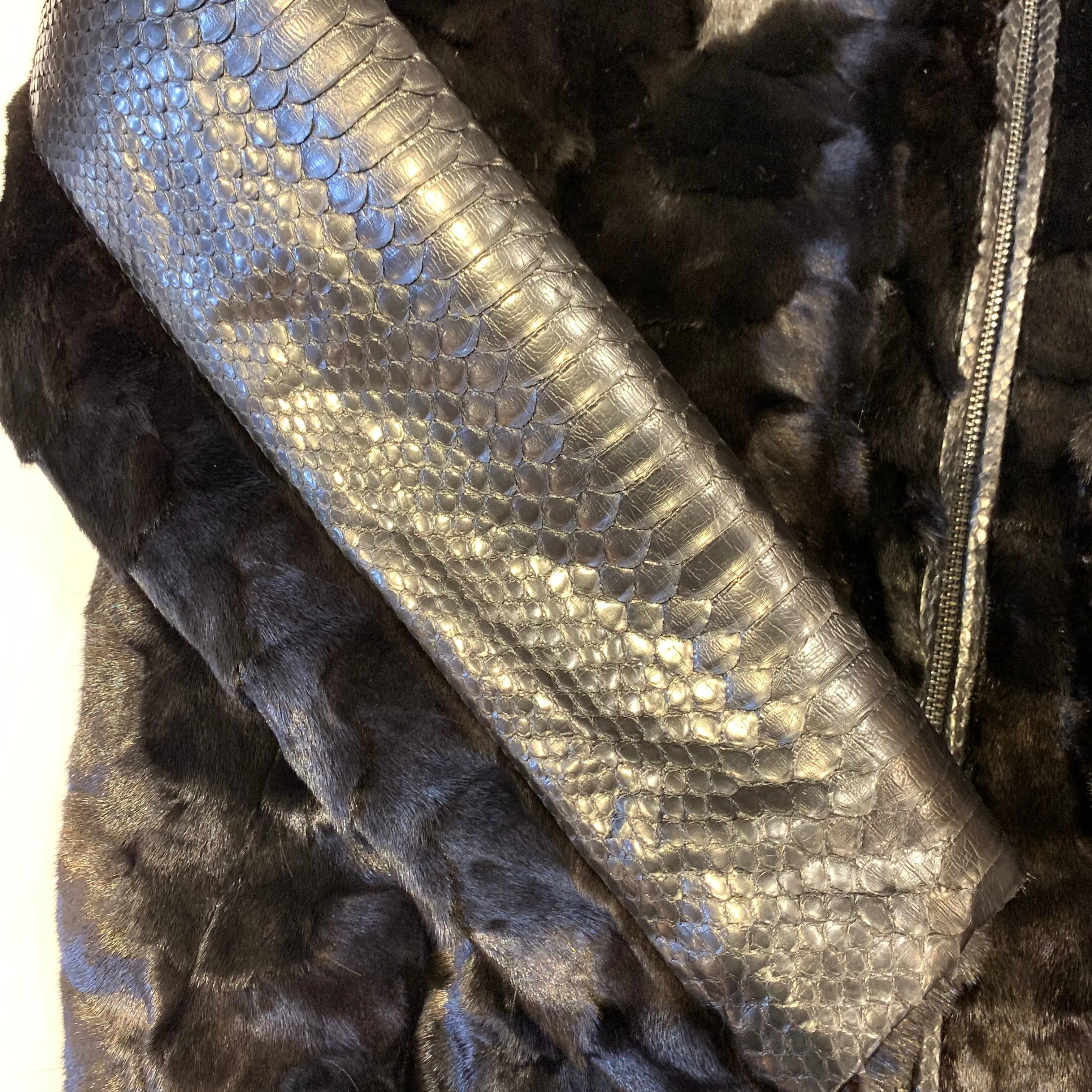 Kashani Black Natural Python Silver Fox Mink Fur Coat