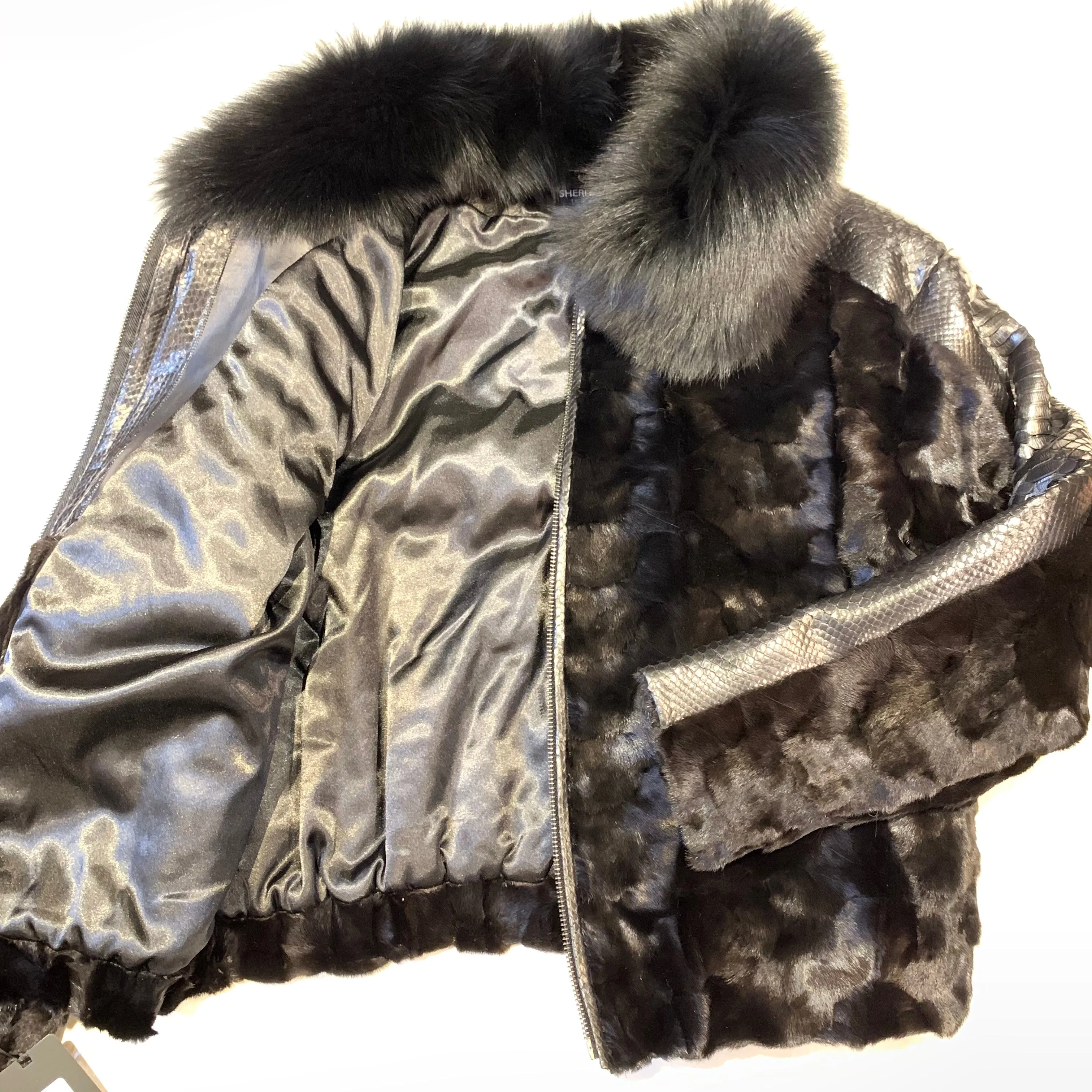 Kashani Black Natural Python Silver Fox Mink Fur Coat