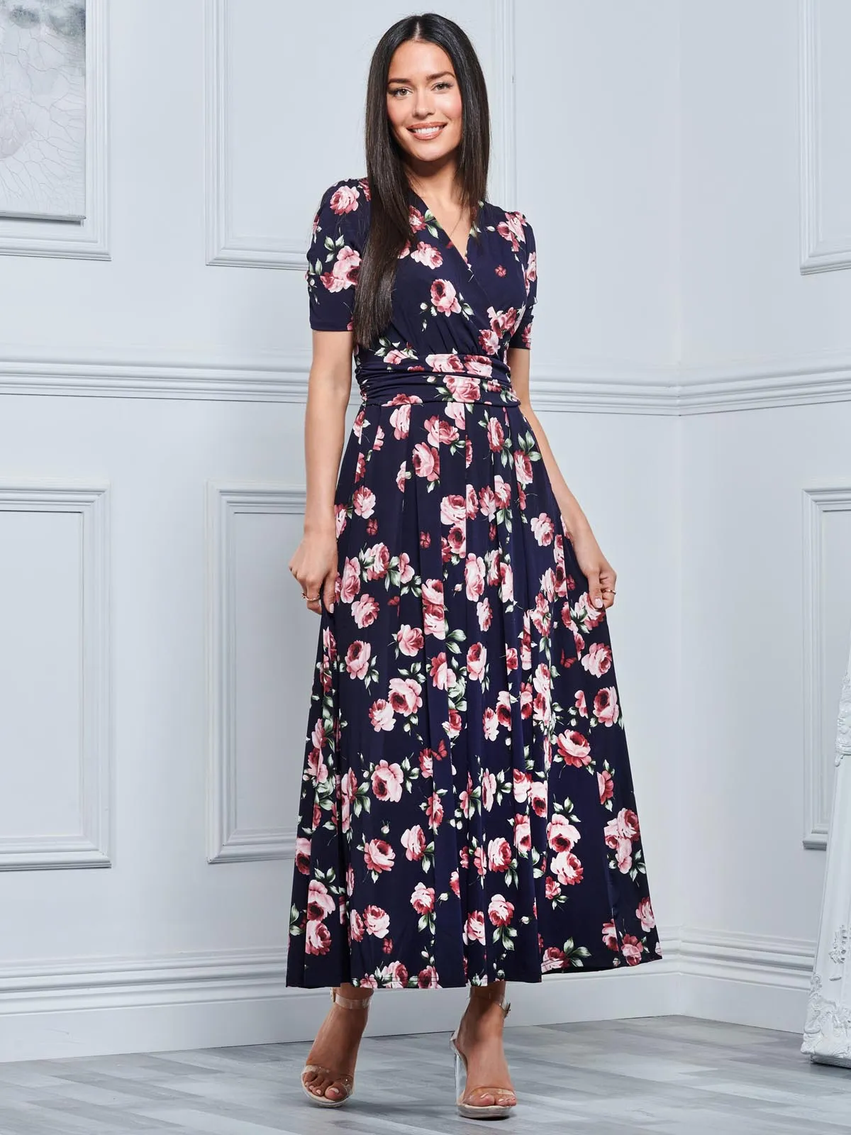 Kiera Wrap Front Maxi Dress, Navy Floral