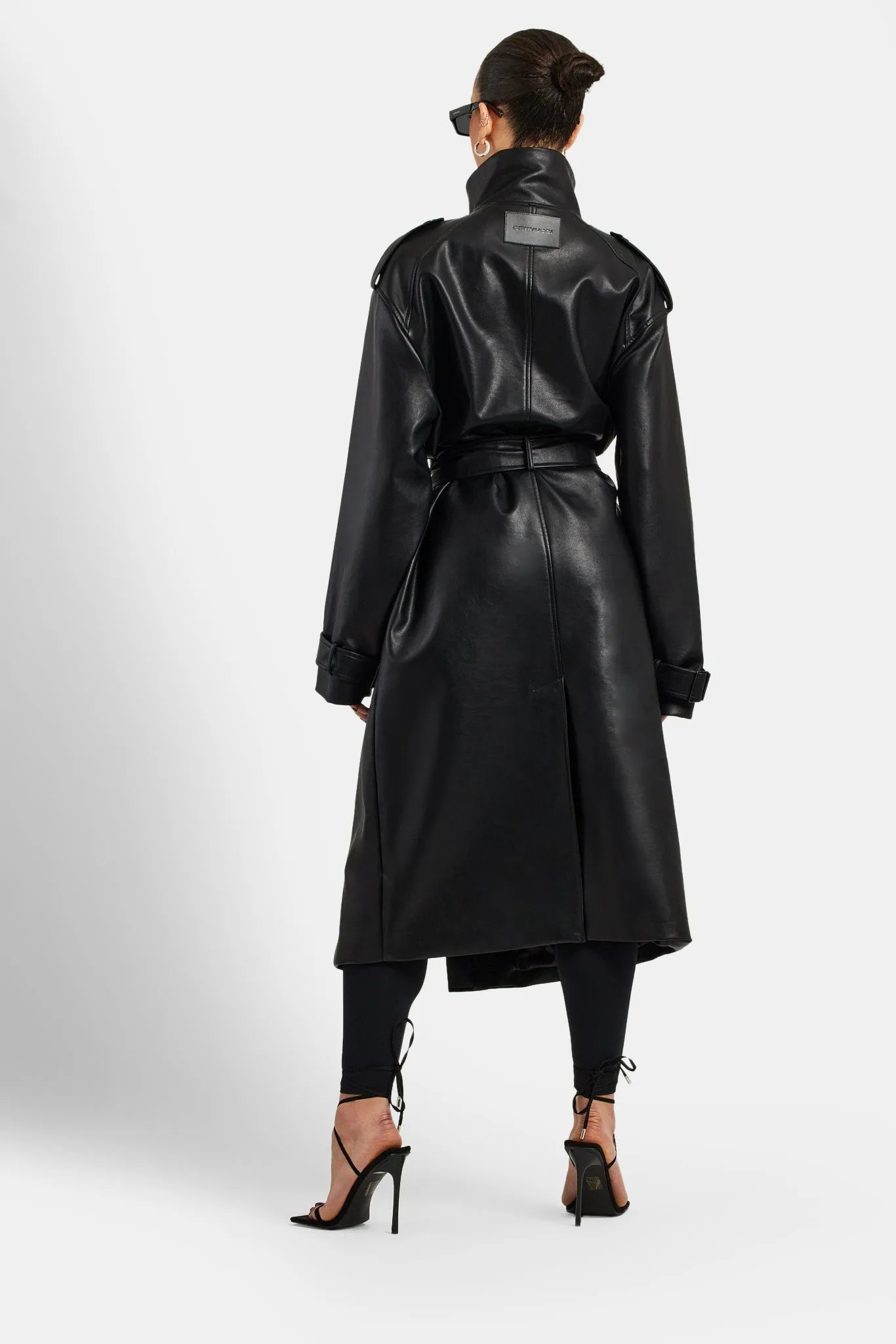 Ladies Faux Leather Trench Coat - Black