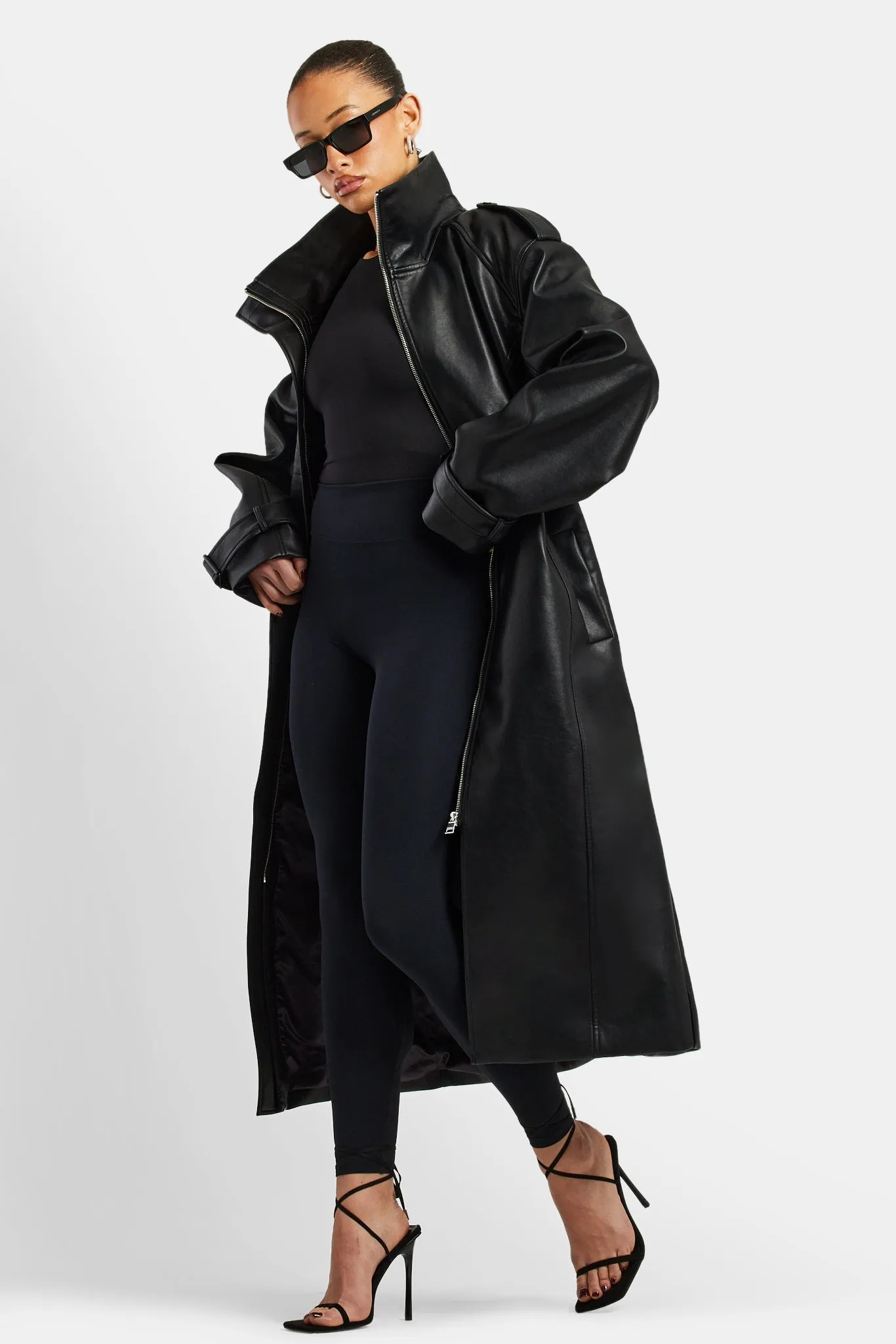 Ladies Faux Leather Trench Coat - Black